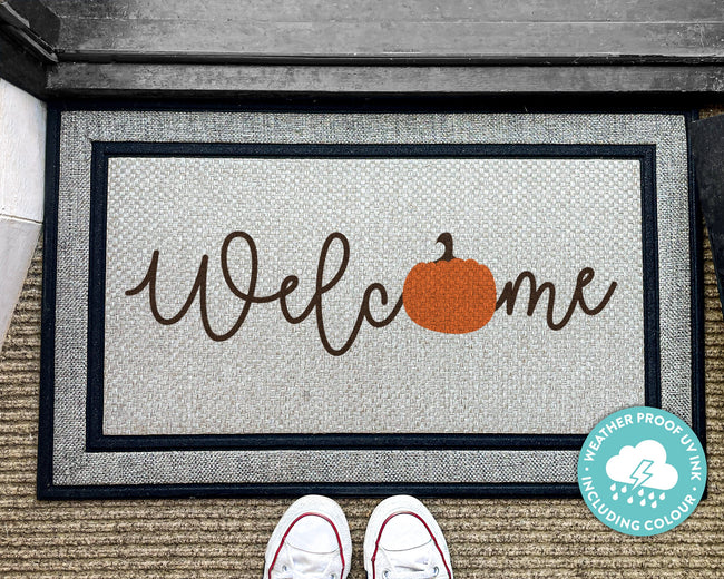 Welcome Pumpkin Outdoor Personalised Rug - Fall Doormat - Farmhouse Decor - New Home Welcome Mat - Pumpkin - Washable Custom Rug - Seasonal