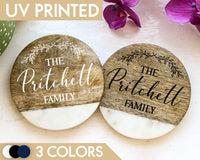Family Name Wooden Coasters, Wooden Coaster Round, Farmhouse Coffee Table Decor, Custom Wood Coasters, New Home Gift, Gifts For Couples