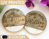 Farmhouse Wedding Favors, Anniversary Gift, Marble Coaster Set, Wedding Gift, Marble Wood Coasters, Bridesmaid Gift, New Couple Gift