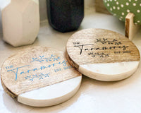 Custom Wooden Coasters, Wedding Gift, Personalized Marble Coaster, Housewarming Gift, Bridesmaid Gifts, White Marble Wood Coasters