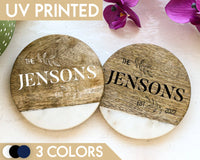 Personalized Coaster Sets, Farmhouse Home Decor, Anniversary Gift, Wedding Favor Gift, Marble Wood Coasters, Bridesmaid Gift