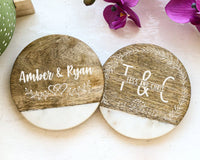 Custom Wooden Coasters, Customized Marble Coaster, Wedding Gift, Bridesmaid Gifts, Printed White Marble Wood Coasters, Wedding Favors