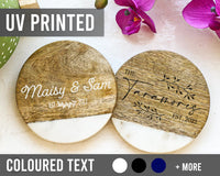 Personalized Round Marble Wooden Coaster Set, Bridal Shower Gifts, Bridesmaid Gifts, Custom Printed Marble Wood Coasters, Wedding Favors