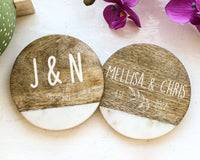 Custom Wooden Coasters, Customized Marble Coaster, Wedding Gift, Bridesmaid Gifts, Printed White Marble Wood Coasters, Wedding Favors
