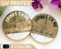 Drinks On Me Wooden Coaster, Pass The Bubbly, Funny Alcohol Gift, Marble Wood Coaster Set, Gifts For Mum, Gifts For Mom, Gifts For Her
