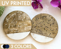 Zodiac Wooden Coaster Set, Star Sign Constellation Coaster Set, Air Signs, Marble And Wood Coaster, Gemini, Libra, Aquarius